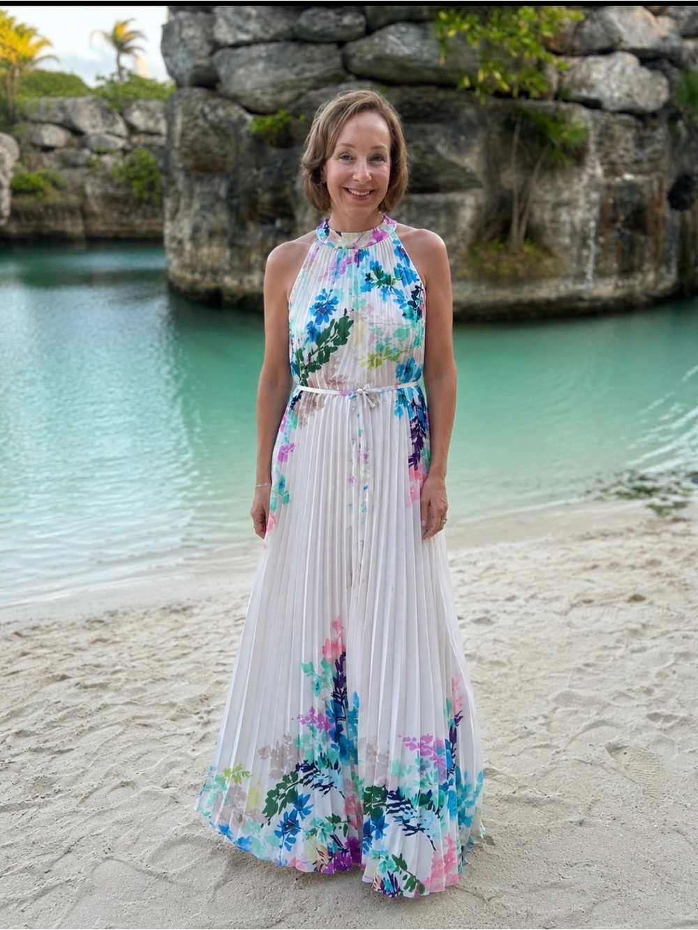 Joseph Ribkoff White Maxi Dress with Blue, Green and Pink Floral Print